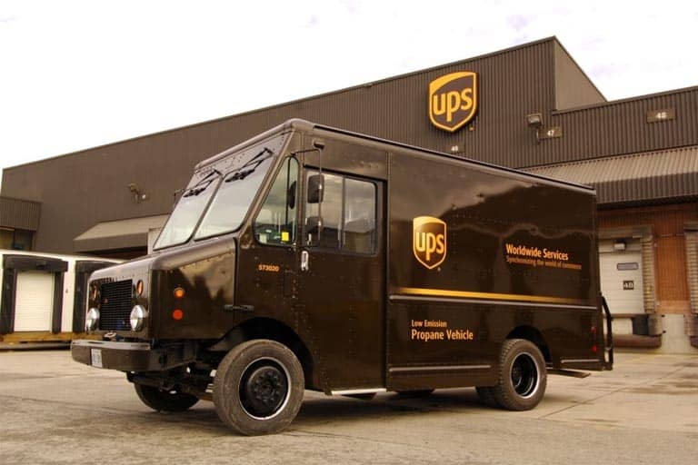 UPS delivery truck parked outside the UPS warehouse